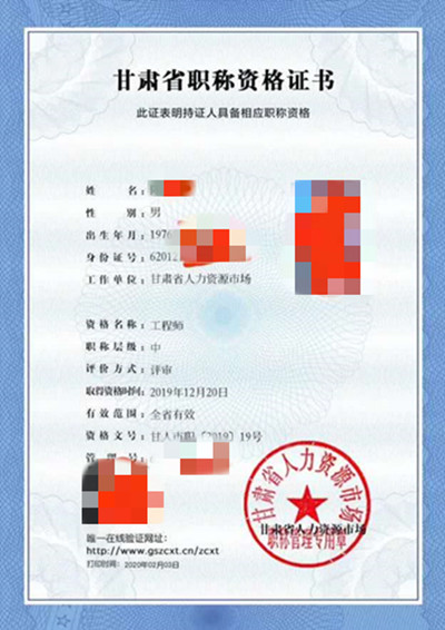 甘肃省职称资格（工程师）电子版证书